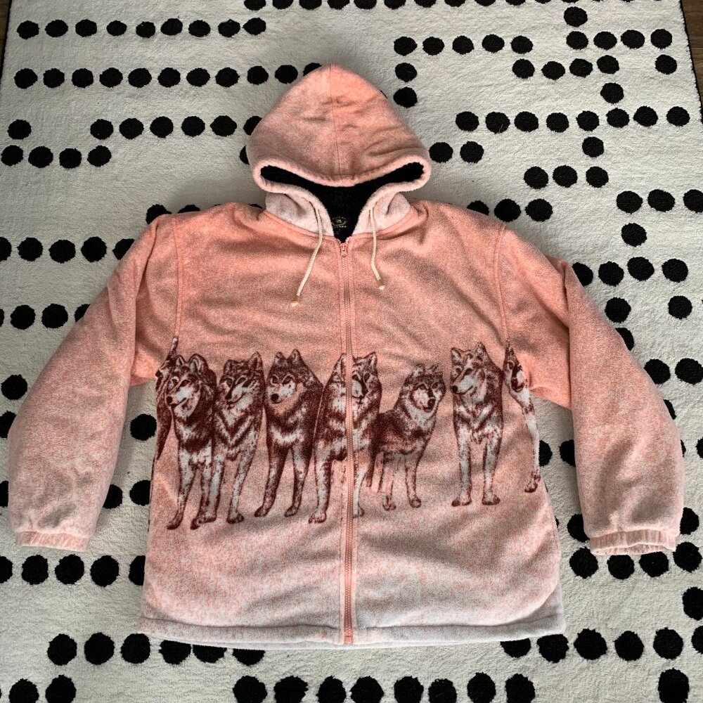 Vintage Wolf Pack Fleece Jacket XL Pink Sherpa Lined Hooded Cozy Teddy Coat 90s